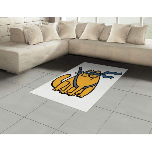  Ambesonne Ninja Cat Area Rug, Cartoon Pet with Blindfold on Plain Backdrop, Flat Woven Accent Rug for Living Room Bedroom Dining Room, 4 X 5 7, Marigold Slate Blue Sea Blue Charcoa