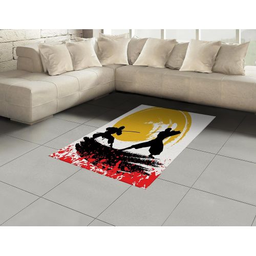  Ambesonne Japanese Area Rug, Watercolor Style Silhouette?Ninjas in The Moonlight Medieval, Flat Woven Accent Rug for Living Room Bedroom Dining Room, 4 X 5 7, Vermilion Mustard and