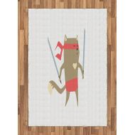 Ambesonne Japanese Area Rug, Crime Fighter Ninja Cat and Heart Cartoon Superpower Animal?Fighter Funny Design, Flat Woven Accent Rug for Living Room Bedroom Dining Room, 4 X 5 7, R