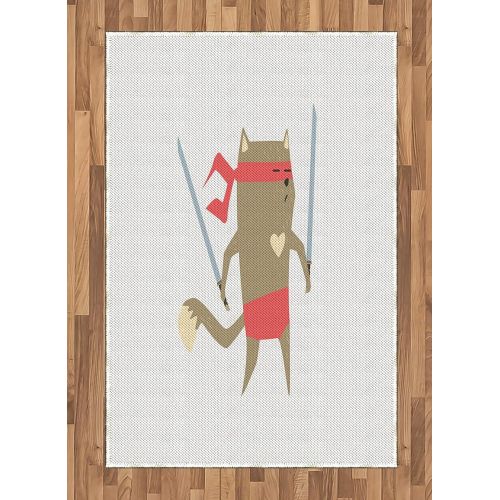  Ambesonne Japanese Area Rug, Crime Fighter Ninja Cat and Heart Cartoon Superpower Animal?Fighter Funny Design, Flat Woven Accent Rug for Living Room Bedroom Dining Room, 4 X 5 7, R
