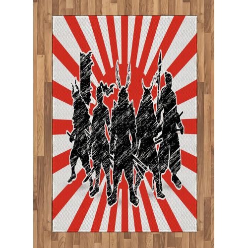  Ambesonne Japanese Area Rug, Group of Samurai Ninja Posing and Getting Ready on Unusual Striped Retro Backdrop, Flat Woven Accent Rug for Living Room Bedroom Dining Room, 4 X 5 7,