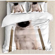Ambesonne Pug Duvet Cover Set, Ninja Puppy with Nunchuk Karate Dog Animal Eastern Warrior Inspired Costume Pug Image, Decorative 3 Piece Bedding Set with 2 Pillow Shams, California