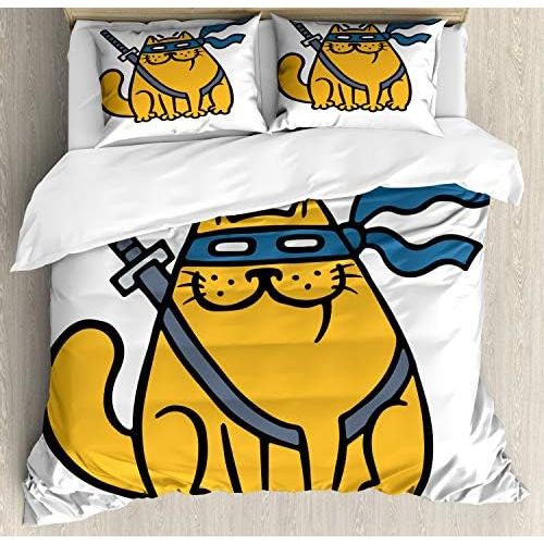  Ambesonne Ninja Cat Duvet Cover Set, Cartoon Pet with Blindfold on Plain Backdrop, Decorative 3 Piece Bedding Set with 2 Pillow Shams, California King, Marigold Slate Blue