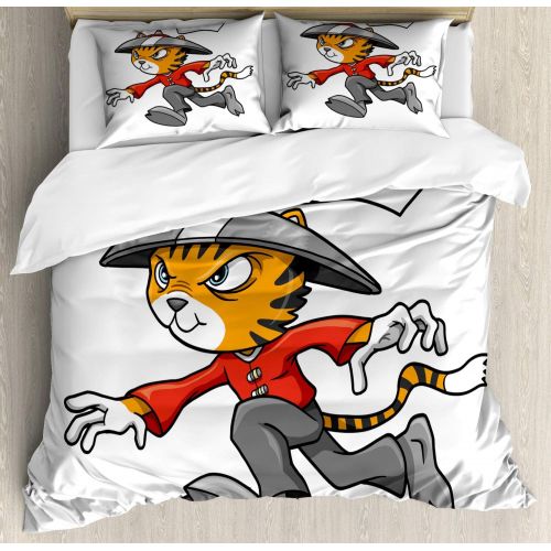  Ambesonne Ninja Cat Duvet Cover Set, Nursery Themed Cartoon Warrior Character in Traditional Clothes, Decorative 3 Piece Bedding Set with 2 Pillow Shams, California King, Multicolo