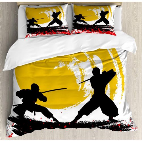  Ambesonne Japanese Duvet Cover Set, Watercolor Style Silhouette?Ninjas in The Moonlight Medieval, Decorative 3 Piece Bedding Set with 2 Pillow Shams, California King, Vermilion Mus