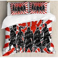 Ambesonne Japanese Duvet Cover Set, Group of Samurai Ninja Posing and Getting Ready on Unusual Striped Retro Backdrop, Decorative 3 Piece Bedding Set with 2 Pillow Shams, Californi