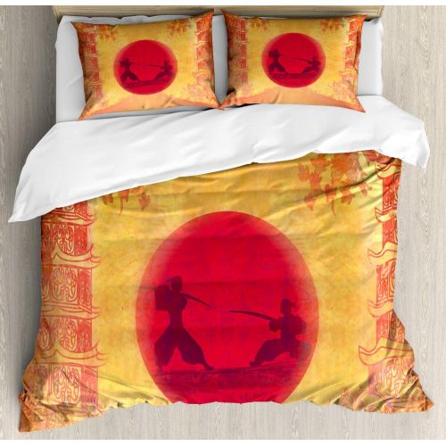  Ambesonne Japanese Duvet Cover Set, Warrior Ninjas at Sunset Between Building Flowers? Theme Japanese Print, Decorative 3 Piece Bedding Set with 2 Pillow Shams, California King, Mu