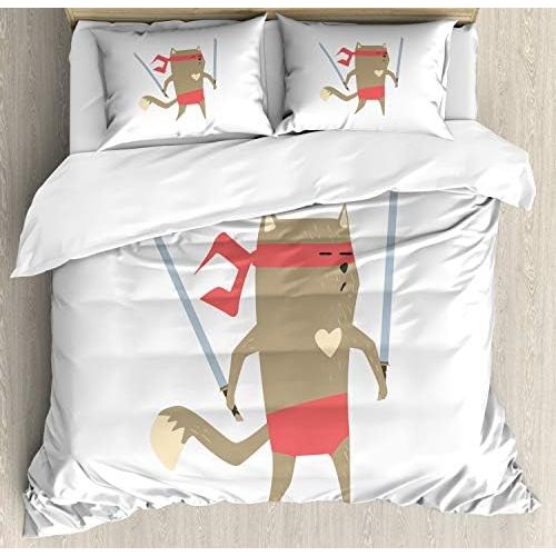  Ambesonne Japanese Duvet Cover Set, Crime Fighter Ninja Cat and Heart Cartoon Superpower Animal?Fighter Funny Design, Decorative 3 Piece Bedding Set with 2 Pillow Shams, California