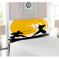 Ambesonne Japanese Headboard, Watercolor Style Silhouette?Ninjas in The Moonlight Medieval, Upholstered Decorative Metal Bed Headboard with Memory Foam, Twin Size, Vermilion Mustar