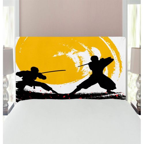  Ambesonne Japanese Headboard, Watercolor Style Silhouette?Ninjas in The Moonlight Medieval, Upholstered Decorative Metal Bed Headboard with Memory Foam, Twin Size, Vermilion Mustar