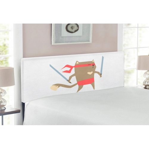  Ambesonne Japanese Headboard, Crime Fighter Ninja Cat and Heart Cartoon Superpower Animal?Fighter Funny Design, Upholstered Decorative Metal Bed Headboard with Memory Foam, Full Si