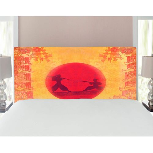  Ambesonne Japanese Headboard, Warrior Ninjas at Sunset Between Building Flowers? Theme Japanese Print, Upholstered Decorative Metal Bed Headboard with Memory Foam, Full Size, Musta