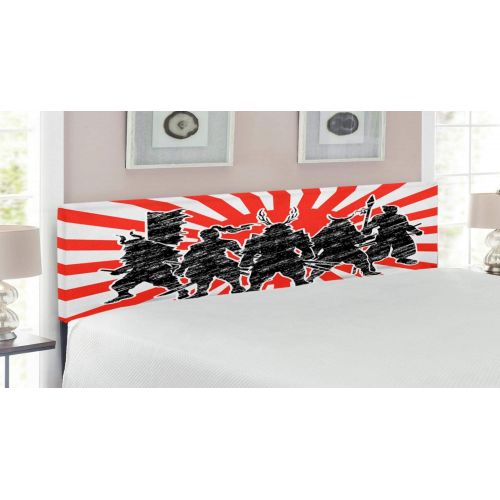  Ambesonne Japanese Headboard, Group of Samurai Ninja Posing and Getting Ready on Unusual Striped Retro Backdrop, Upholstered Decorative Metal Bed Headboard with Memory Foam, King S