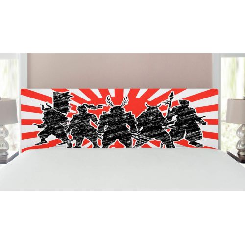 Ambesonne Japanese Headboard, Group of Samurai Ninja Posing and Getting Ready on Unusual Striped Retro Backdrop, Upholstered Decorative Metal Bed Headboard with Memory Foam, King S