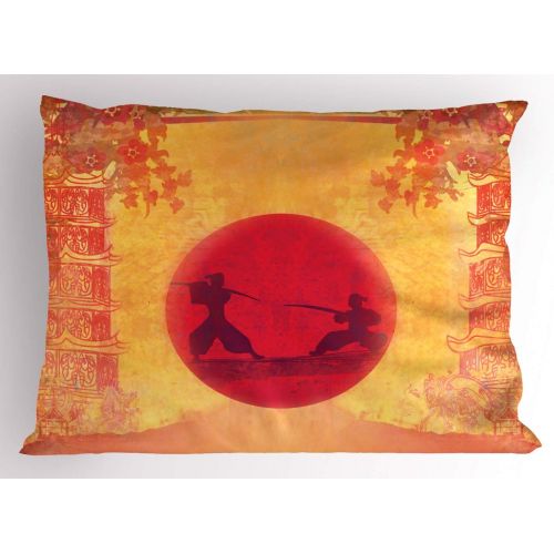  Ambesonne Japanese Pillow Sham Set of 2, Warrior Ninjas at Sunset Between Building Flowers? Theme Japanese Print, Quality Microfiber Bedding Item for All Seasons, 26 x 20, Mustard