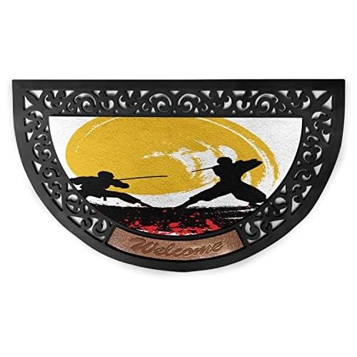  Ambesonne Japanese Doormat, Watercolor Style Silhouette?Ninjas in The Moonlight Medieval, Semi Circle Entryway Welcome Mat for Front & Backard 2 Pieces, 19.6 x 31.4, Vermilion Must