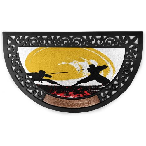  Ambesonne Japanese Doormat, Watercolor Style Silhouette?Ninjas in The Moonlight Medieval, Semi Circle Entryway Welcome Mat for Front & Backard 2 Pieces, 19.6 x 31.4, Vermilion Must