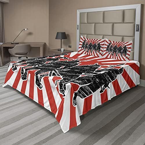  Ambesonne Japanese Sheet Set, Group of Samurai Ninja Posing and Getting Ready on Unusual Striped Retro Backdrop, Fitted and Flat Sheet with Pillowcases Bedding Accent 4 Piece Set,