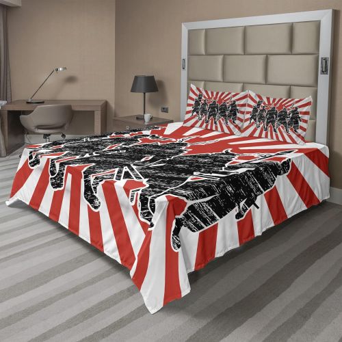  Ambesonne Japanese Sheet Set, Group of Samurai Ninja Posing and Getting Ready on Unusual Striped Retro Backdrop, Fitted and Flat Sheet with Pillowcases Bedding Accent 4 Piece Set,