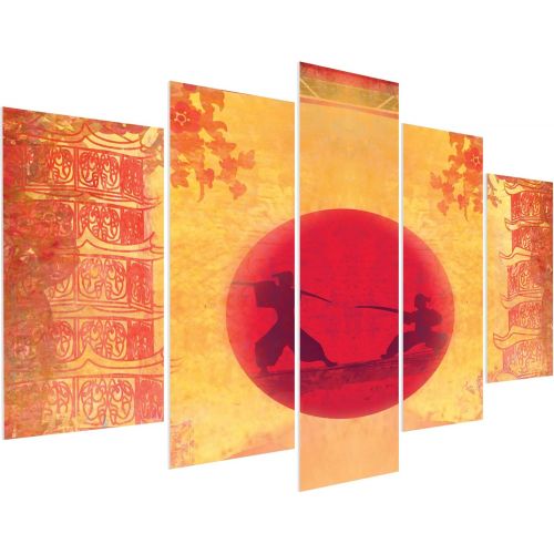  Ambesonne Japanese 5 Panels Acrylic Glass Wall Art, Warrior Ninjas at Sunset Between Building Flowers? Theme Japanese Print, Accent for Living Room, Bedroom and Dorm, 60 x 30, Must