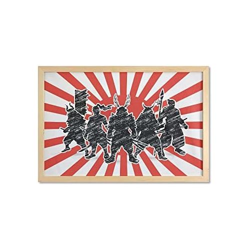  Ambesonne Japanese Wall Art with Frame, Group of Samurai Ninja Posing and Getting Ready on Unusual Striped Retro Backdrop, Printed Fabric Poster for Bathroom Living Room Dorms, 35