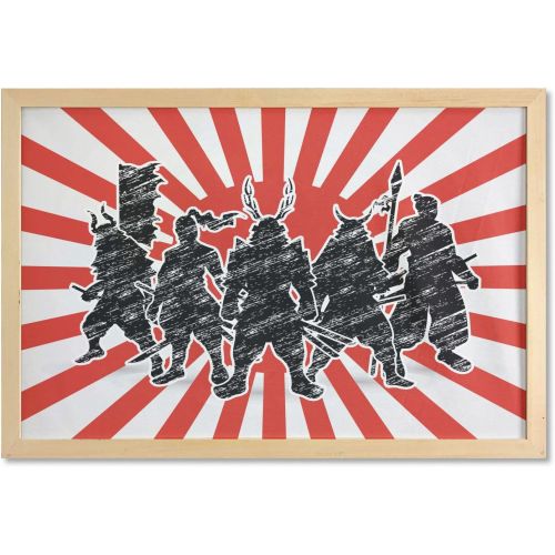  Ambesonne Japanese Wall Art with Frame, Group of Samurai Ninja Posing and Getting Ready on Unusual Striped Retro Backdrop, Printed Fabric Poster for Bathroom Living Room Dorms, 35