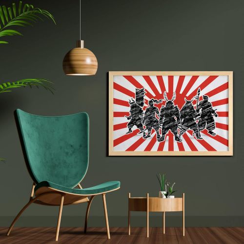  Ambesonne Japanese Wall Art with Frame, Group of Samurai Ninja Posing and Getting Ready on Unusual Striped Retro Backdrop, Printed Fabric Poster for Bathroom Living Room Dorms, 35