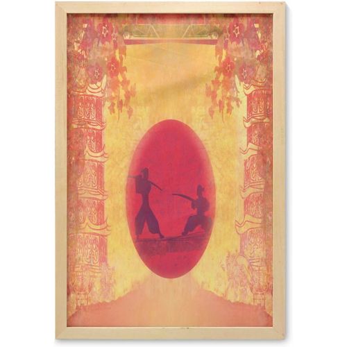  Ambesonne Japanese Wall Art with Frame, Warrior Ninjas at Sunset Between Building Flowers? Theme Japanese Print, Printed Fabric Poster for Bathroom Living Room Dorms, 23 x 35, Must