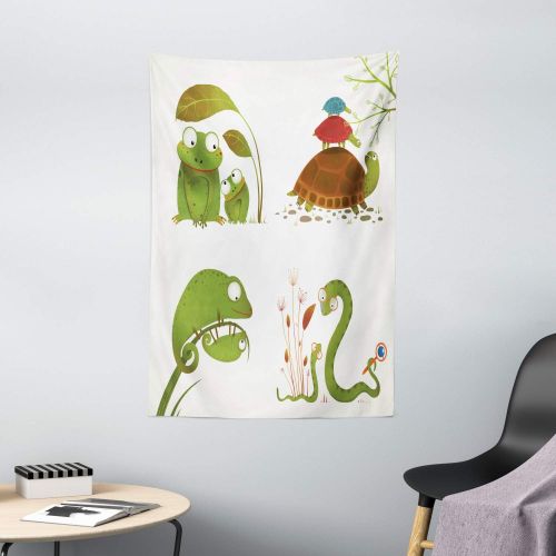  Ambesonne Reptile Tapestry, Reptile Family Colorful Baby Snake Frog Ninja Turtles Love Mother Family Theme, Wall Hanging for Bedroom Living Room Dorm Decor, 40 X 60, Green Brown Re