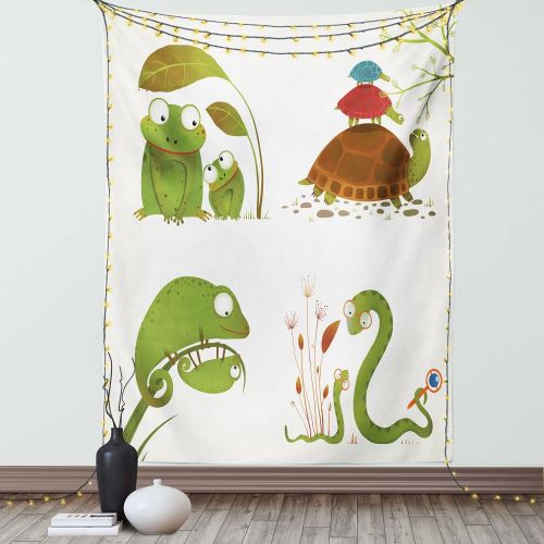  Ambesonne Reptile Tapestry, Reptile Family Colorful Baby Snake Frog Ninja Turtles Love Mother Family Theme, Wall Hanging for Bedroom Living Room Dorm Decor, 40 X 60, Green Brown Re