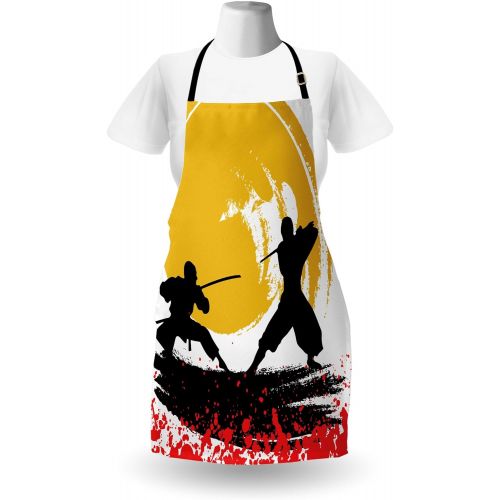  Ambesonne Japanese Apron, Watercolor Style Silhouette?Ninjas in the Moonlight Medieval, Unisex Kitchen Bib with Adjustable Neck for Cooking Gardening, Adult Size, Vermilion Mustard