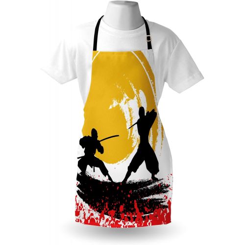  Ambesonne Japanese Apron, Watercolor Style Silhouette?Ninjas in the Moonlight Medieval, Unisex Kitchen Bib with Adjustable Neck for Cooking Gardening, Adult Size, Vermilion Mustard