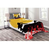 Ambesonne Japanese Bedspread, Watercolor Style Silhouette?Ninjas in The Moonlight Medieval, Decorative Quilted 2 Piece Coverlet Set with Pillow Sham, Twin Size, Vermilion Mustard a