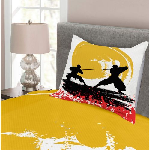  Ambesonne Japanese Bedspread, Watercolor Style Silhouette?Ninjas in The Moonlight Medieval, Decorative Quilted 2 Piece Coverlet Set with Pillow Sham, Twin Size, Vermilion Mustard a