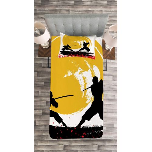  Ambesonne Japanese Bedspread, Watercolor Style Silhouette?Ninjas in The Moonlight Medieval, Decorative Quilted 2 Piece Coverlet Set with Pillow Sham, Twin Size, Vermilion Mustard a