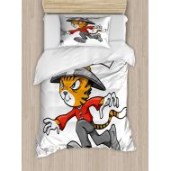 Ambesonne Ninja Cat Duvet Cover Set, Nursery Themed Cartoon Warrior Character in Traditional Clothes, Decorative 2 Piece Bedding Set with 1 Pillow Sham, Twin Size, Multicolor