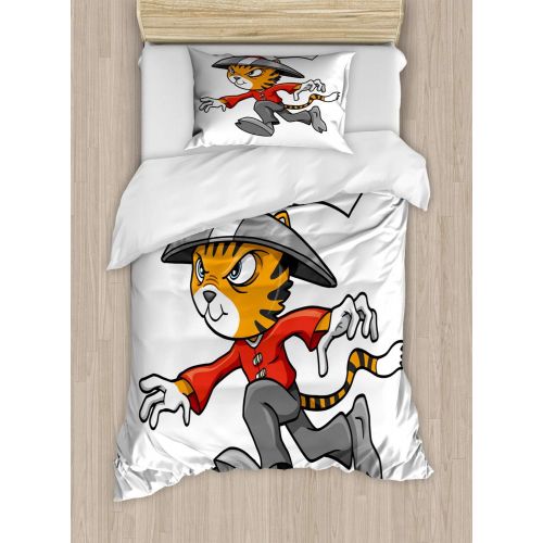  Ambesonne Ninja Cat Duvet Cover Set, Nursery Themed Cartoon Warrior Character in Traditional Clothes, Decorative 2 Piece Bedding Set with 1 Pillow Sham, Twin Size, Multicolor