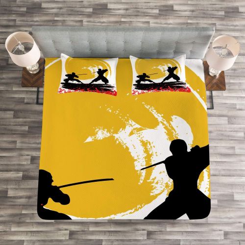  Ambesonne Japanese Bedspread, Watercolor Style Silhouette?Ninjas in The Moonlight Medieval, Decorative Quilted 3 Piece Coverlet Set with 2 Pillow Shams, King Size, Vermilion Mustar