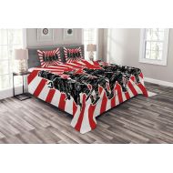 Ambesonne Japanese Bedspread, Group of Samurai Ninja Posing and Getting Ready on Unusual Striped Retro Backdrop, Decorative Quilted 3 Piece Coverlet Set with 2 Pillow Shams, Queen