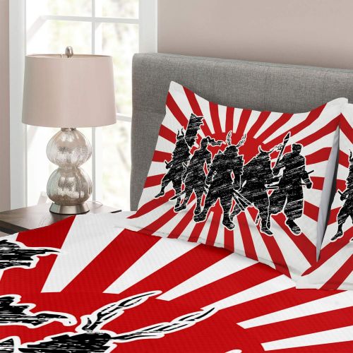  Ambesonne Japanese Bedspread, Group of Samurai Ninja Posing and Getting Ready on Unusual Striped Retro Backdrop, Decorative Quilted 3 Piece Coverlet Set with 2 Pillow Shams, Queen