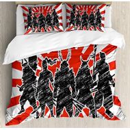 Ambesonne Japanese Duvet Cover Set, Group of Samurai Ninja Posing and Getting Ready on Unusual Striped Retro Backdrop, Decorative 3 Piece Bedding Set with 2 Pillow Shams, King Size