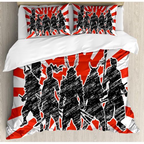  Ambesonne Japanese Duvet Cover Set, Group of Samurai Ninja Posing and Getting Ready on Unusual Striped Retro Backdrop, Decorative 3 Piece Bedding Set with 2 Pillow Shams, King Size
