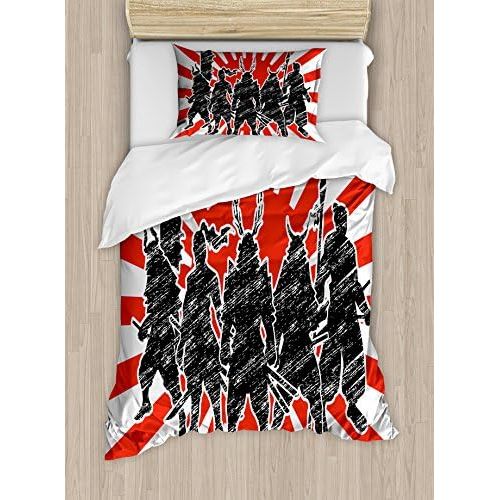  Ambesonne Japanese Duvet Cover Set, Group of Samurai Ninja Posing and Getting Ready on Unusual Striped Retro Backdrop, Decorative 2 Piece Bedding Set with 1 Pillow Sham, Twin Size,