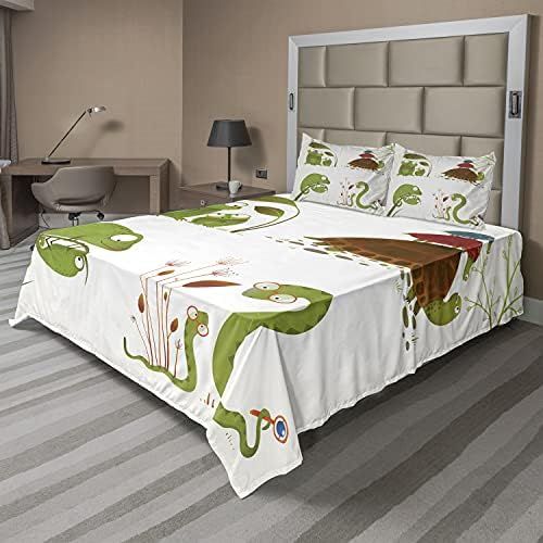  Ambesonne Reptile Sheet Set, Reptile Family Colorful Snake Frog Ninja Turtles Love Mother Family Theme, Fitted and Flat Sheet with Pillowcases Bedding Accent 4 Piece Set, Queen, Gr