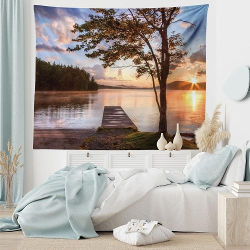  Ambesonne Seascape Tapestry, Shore of Seventh Lake Tree Sunbeam at Sunset Water Reflection Tranquility, Wall Hanging for Bedroom Living Room Dorm Decor, 40 X 60, Brown Peach