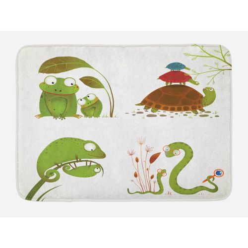  Ambesonne Reptile Bath Mat, Reptile Family Colorful Baby Snake Frog Ninja Turtles Love Mother Family Theme, Plush Bathroom Decor Mat with Non Slip Backing, 29.5 X 17.5, Green Brown