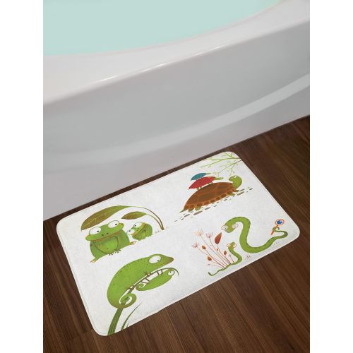  Ambesonne Reptile Bath Mat, Reptile Family Colorful Baby Snake Frog Ninja Turtles Love Mother Family Theme, Plush Bathroom Decor Mat with Non Slip Backing, 29.5 X 17.5, Green Brown