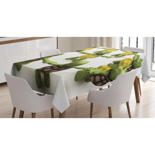  Ambesonne Reptile Tablecloth, Ninja Turtles Dancing Tortoise Team Relax Fun Happiness Theme, Rectangular Table Cover for Dining Room Kitchen Decor, 52 X 70, Green White Brown