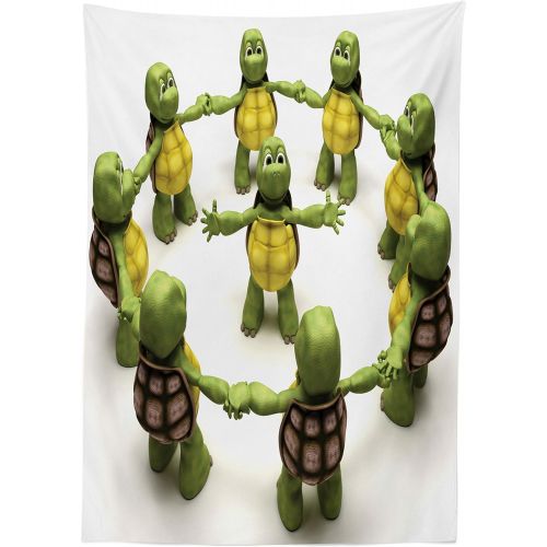  Ambesonne Reptile Tablecloth, Ninja Turtles Dancing Tortoise Team Relax Fun Happiness Theme, Rectangular Table Cover for Dining Room Kitchen Decor, 52 X 70, Green White Brown