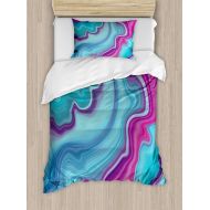 Ambesonne Marble Print Duvet Cover Set, Abstract Color Formation Wavy Aqua Pink Lines Agate Slab Mineral Geographic, Decorative 2 Piece Bedding Set with 1 Pillow Sham, Twin Size, A